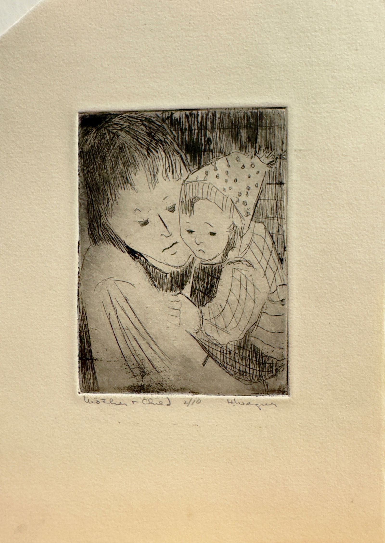 Vintage American New York WPA Artist Helen Wagner Malta Etching Signed #6: Vintage American New York WPA Artist Helen Wagner Malta Etching Pencil Signed #6, 1939, 2/10, entitled "Mother and Child", 8 x 6" Sheet