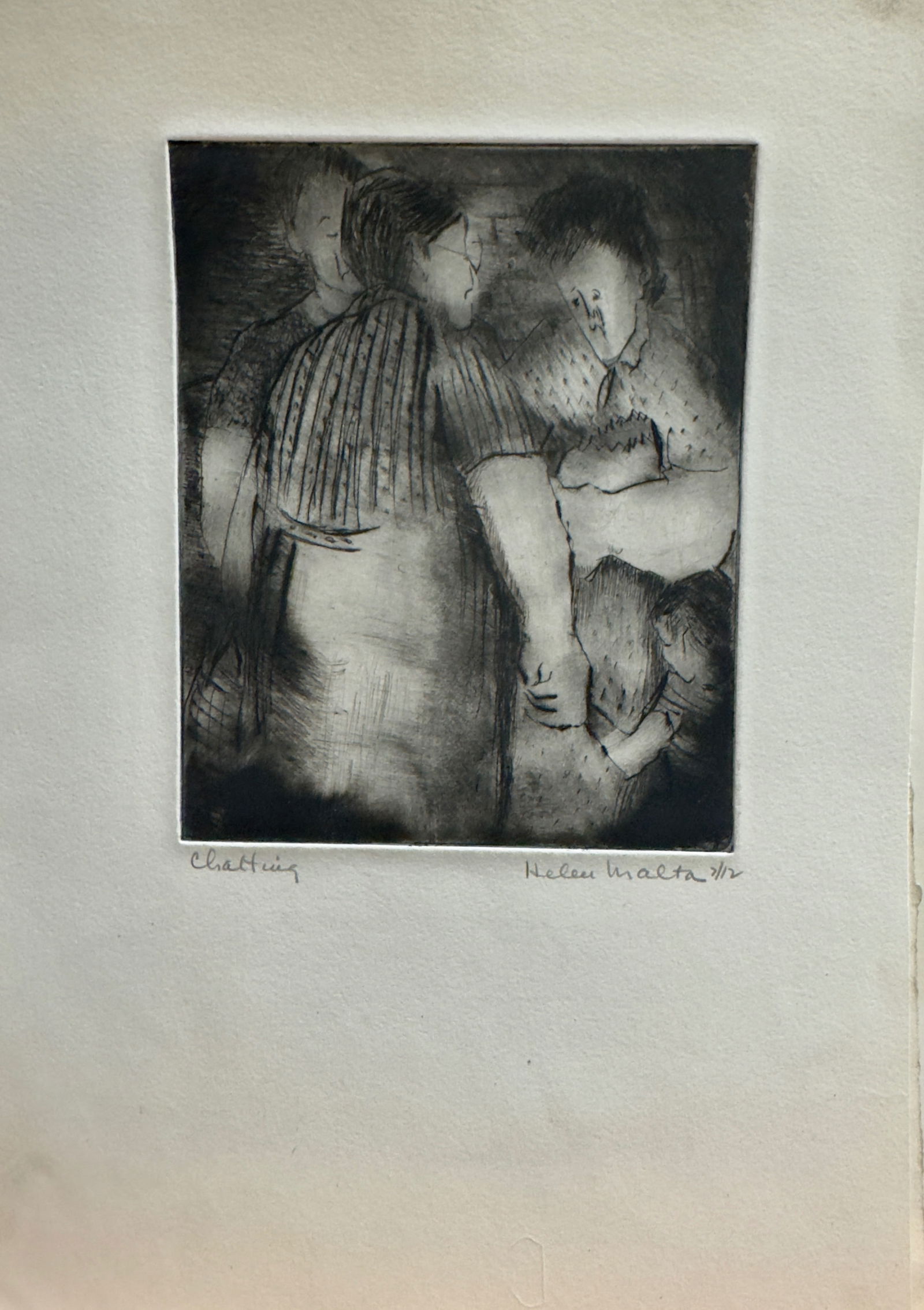 Vintage American New York WPA Artist Helen Wagner Malta Etching Signed #7: Vintage American New York WPA Artist Helen Wagner Malta Etching Pencil Signed #7, 2/12, entitled "Chatting", 10 x 7" Sheet