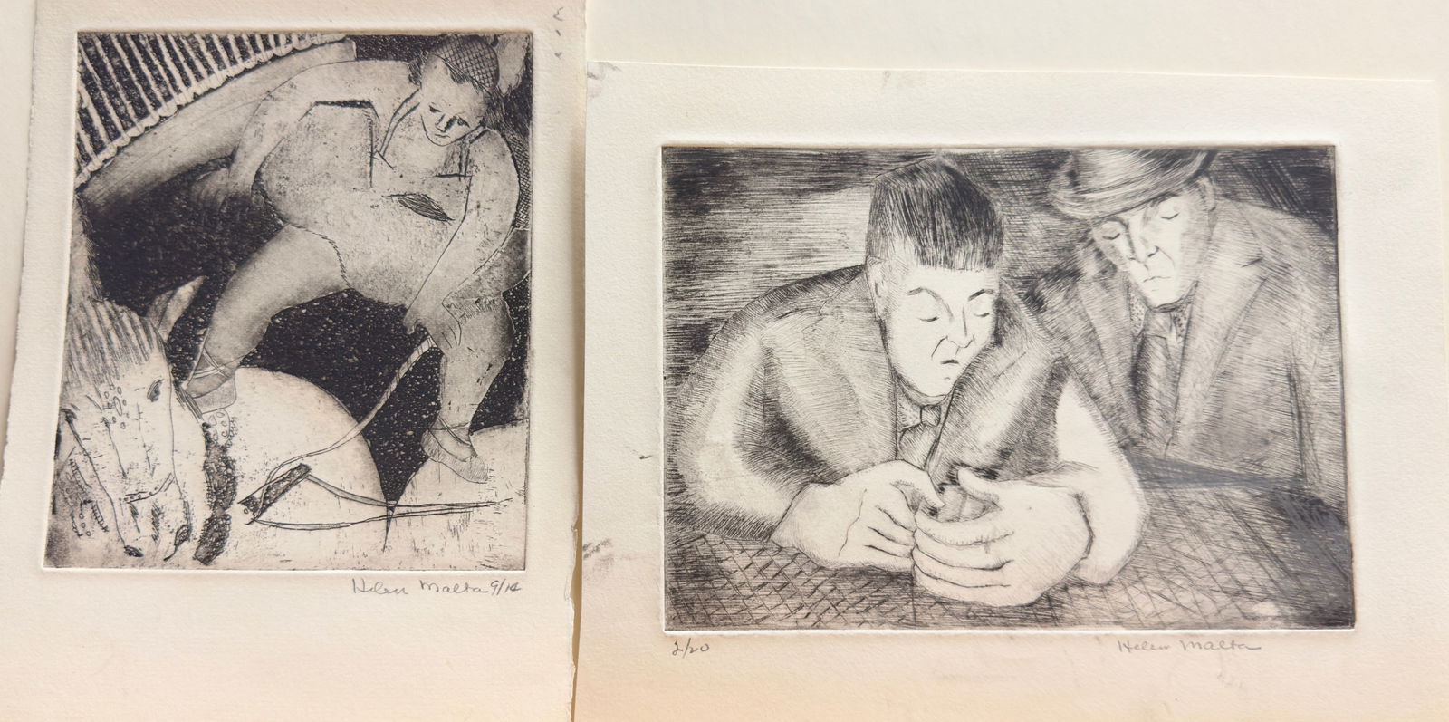 (2) Pair of Helen Malta Wagner WPA Etchings Signed #12: (2) Pair of Helen Malta Wagner WPA Etchings Pencil Signed #13, Circus Rider 9/14, Two Gentleman has added graphite 4/20, 7 x 9" Sheet