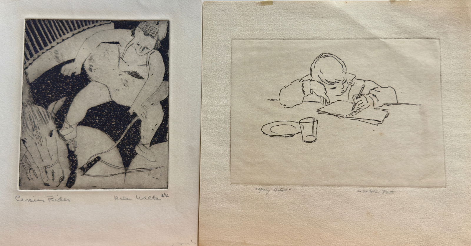 (2) Pair of WPA Etchings Signed Helen Wagner and Salvatore Pinto: (2) Pair of WPA Etchings Pencil Signed Helen Wagner and Salvatore Pinto, Circus Rider 4/14, 9 x 7" Sheet , Pinto is Entitled "Young Artist", 8 x 9" Sheet