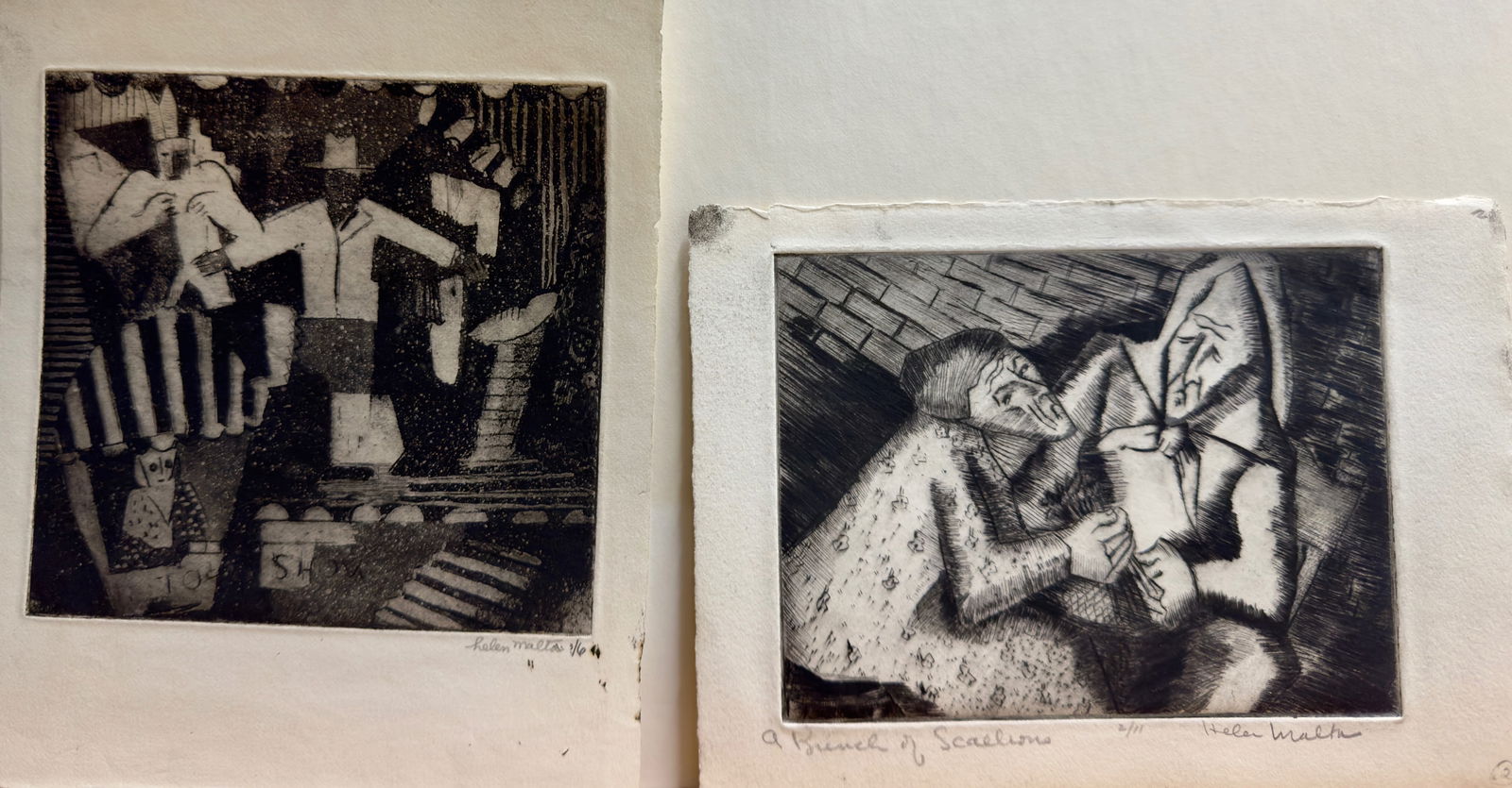 (2) Pair of Helen Malta Wagner WPA Etchings Signed #14: (2) Pair of Helen Malta Wagner WPA Etchings Pencil Signed #14, "A Bunch of Scallions" 2/11 and one with man is 3/6, 8 x 6" Largest Sheet.