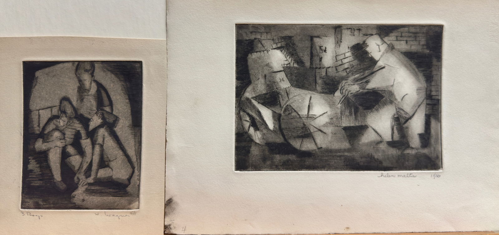 (2) Pair of Helen Malta Wagner WPA Etchings Signed #17: (2) Pair of Helen Malta Wagner WPA Etchings Pencil Signed #17, "Push Cart" 11/16, "3 Boys" 4/14, 8 x 11" Largest Sheet Size