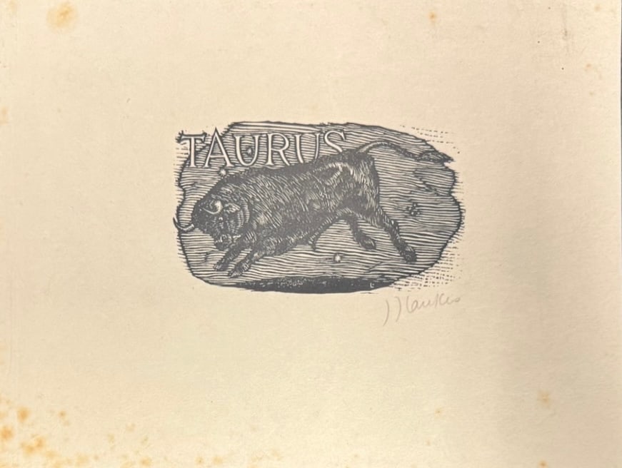 Vintage American New York Artist J.J. Lankes signed woodcut: Vintage American Artist Woodcut pencil signed J .J. Lankes, Taurus the Bull, and the overall is 6” x 8”.Lankes worked primarily in the woodcut medium and had studios, at various times, in