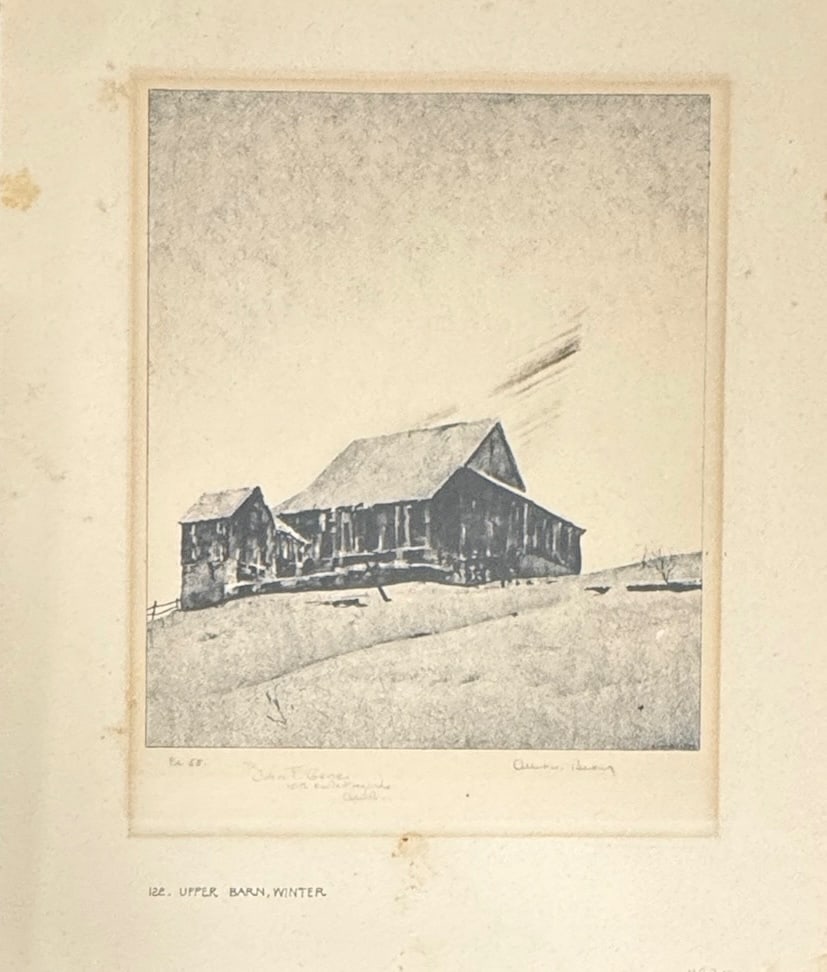 Vintage American Pennsylvania Artist Signed Lithograph Albert W. Barker: Vintage American Rose Valley Pennsylvania Artist Albert W. Barker, entitled “Upper Barn Winter”. this was given to John Gain from Albert W. Barker, edition 55, 14” x 12” overallAlb