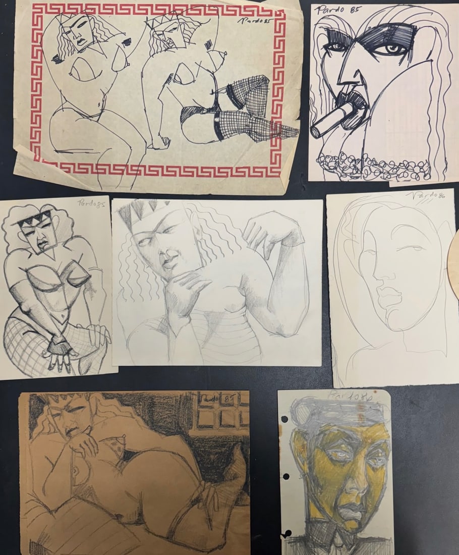 (6) Six Vintage Cuban American New York Gay Interest Transvestite Original Drawings Manuel Pardo #1: (6) Six Vintage Cuban American New York Gay Interest Transvestite Original Drawings Manuel Pardo #1, 9 x 12” largest size, mid 1980’s drag queens Manuel Pardo was born in Cardenas, Cuba in 195