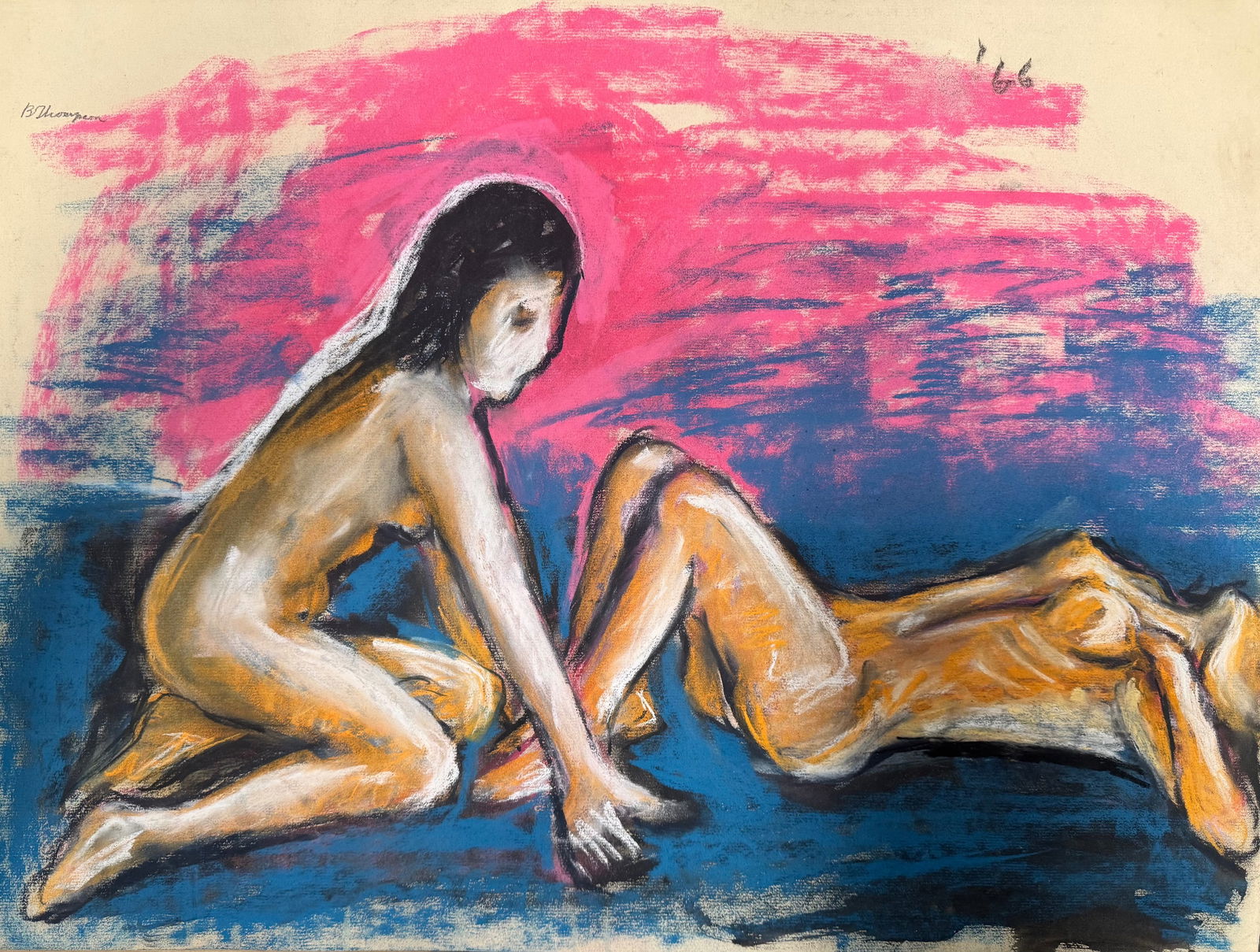 Vintage Mid Century Modern African American Artist Bob Thompson SIgned Pastel #1: Vintage Mid Century Modern African American Artist Bob Thompson SIgned Pastel #1, entitled “Two Nudes”, SUL, 20” x 25” sheet. From the estate of Peter Passuntino, a friend and fell