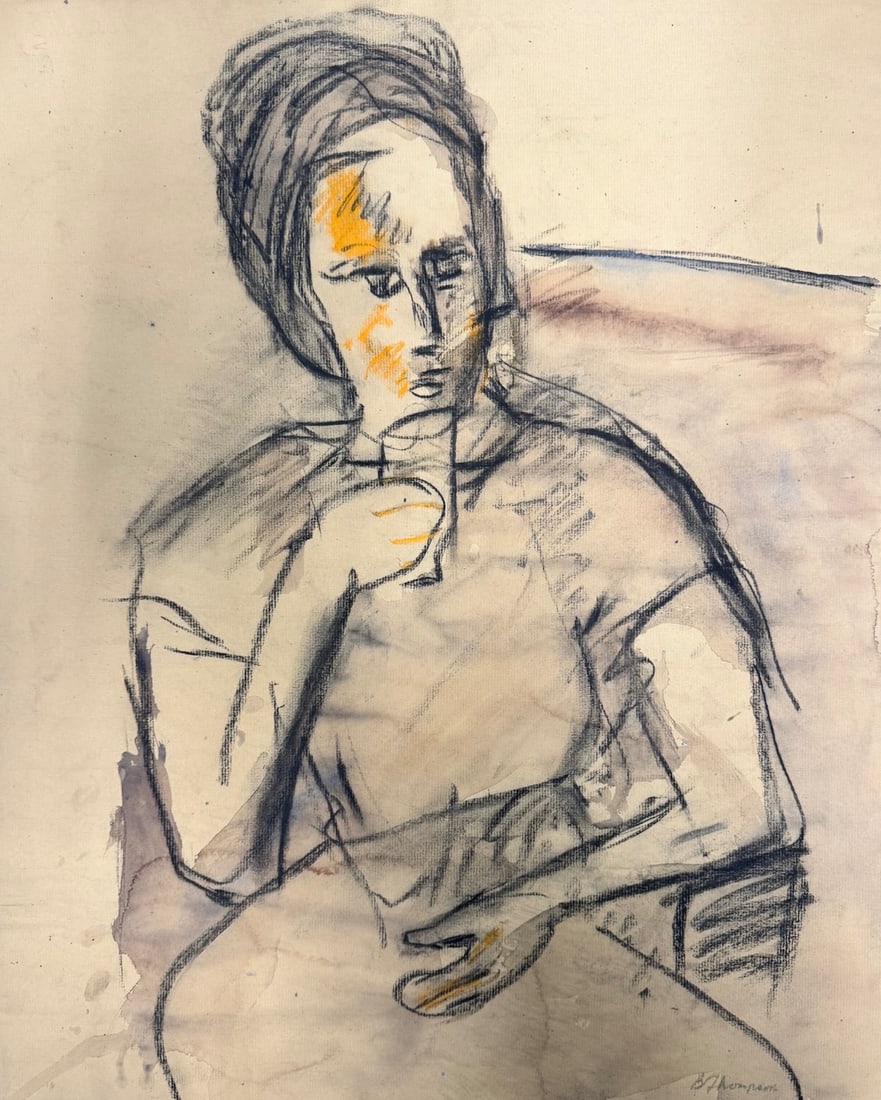 Vintage Mid Century Modern African American Artist Bob Thompson SIgned Pastel, a woman drinking #2: Vintage Mid Century Modern African American Artist Bob Thompson SIgned Pastel, a woman drinking #2, SLR , 23 x 19”, also came out of the estate of Peter Passuntino, a friend and fellow artist wh