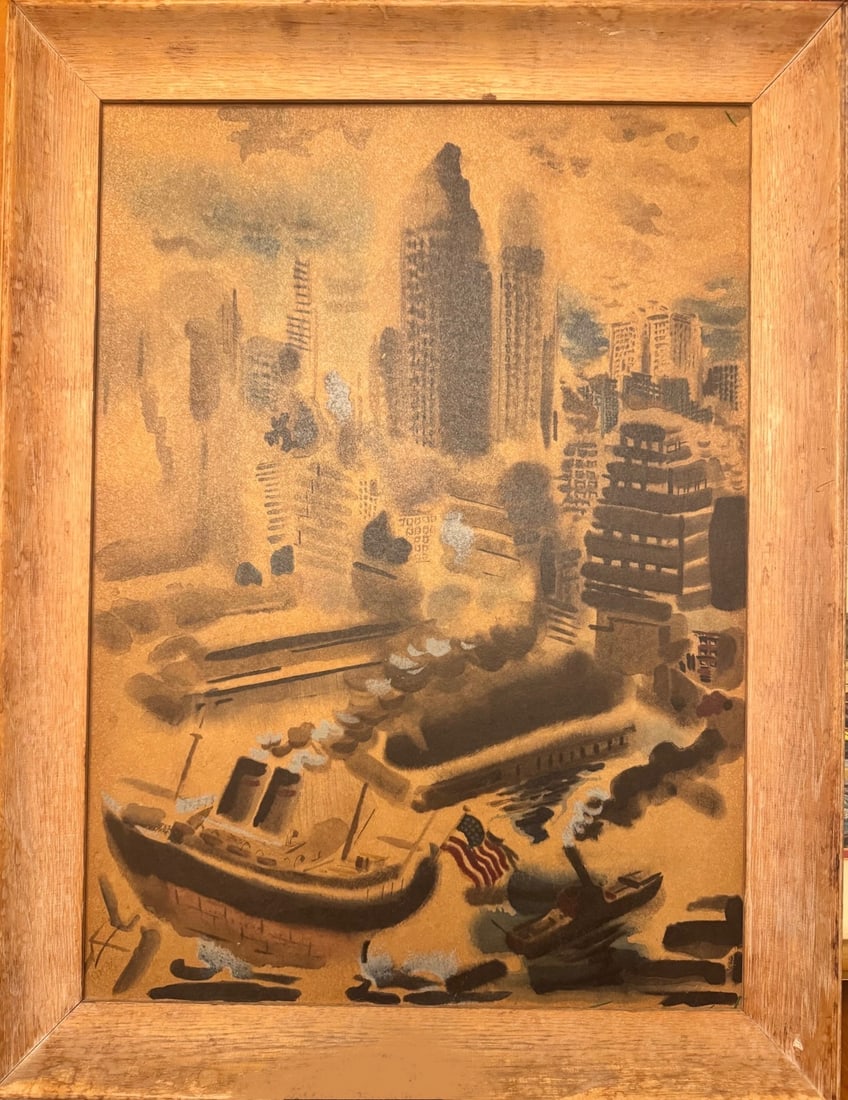 Vintage American German Artist George Grosz Colored Lithograph New York City: Vintage American German Artist George Grosz Colored Lithograph New York City, signed in plate lower left, based on a painting entitled "Lower Manhattan", 1934, 22 x 16", 26 x 20" framed George Grosz (