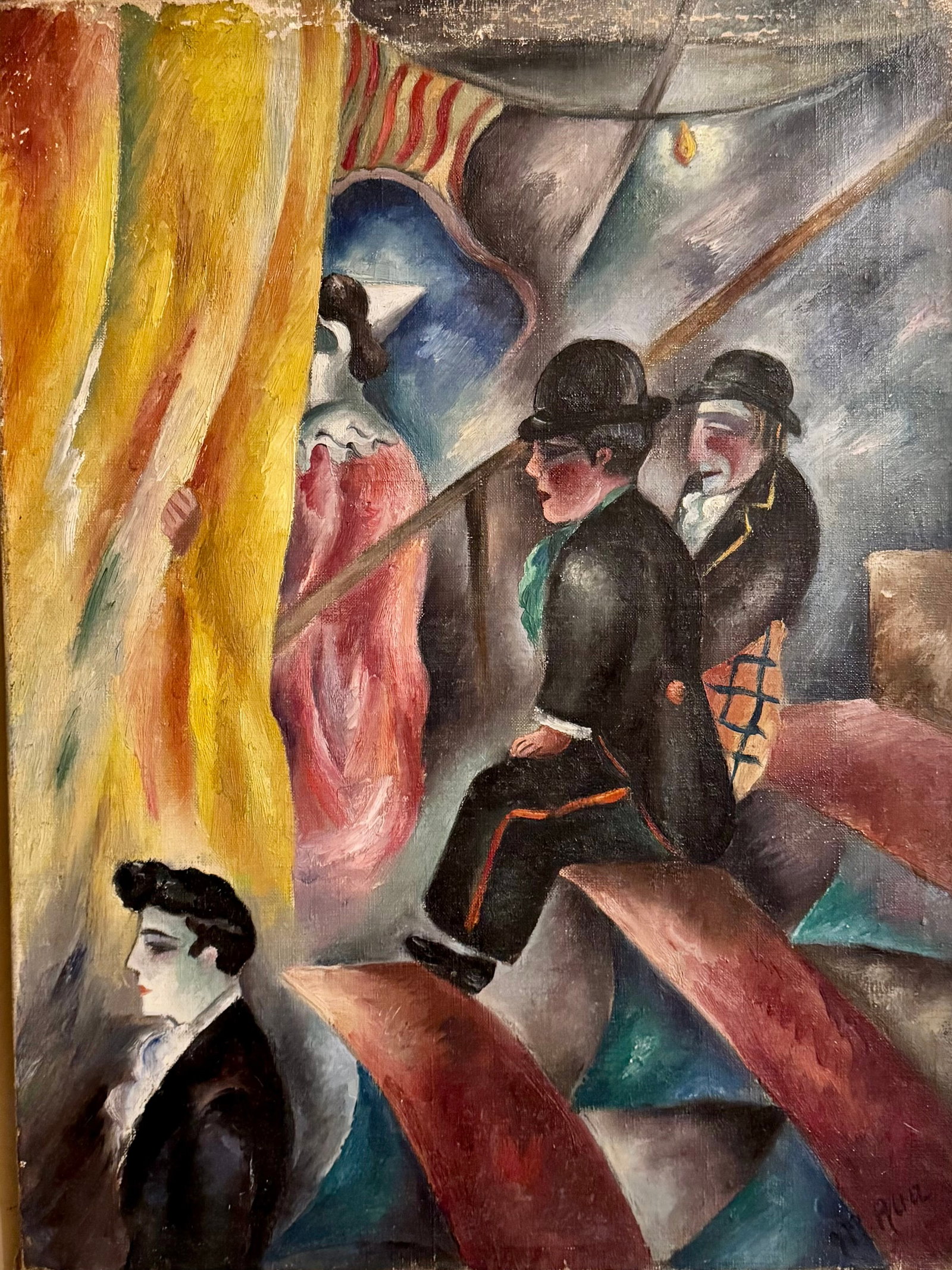 Antique French Cubist Modern Oil Painting Signed Circus Scene: Antique French Cubist Modern Oil Painting Signed Circus Scene, 24 x 18", SLR, it looks to be "M Ruiz"?? circa 1910-20's. Cubism is an early-20th-century avant-garde art movement begun in Paris that re