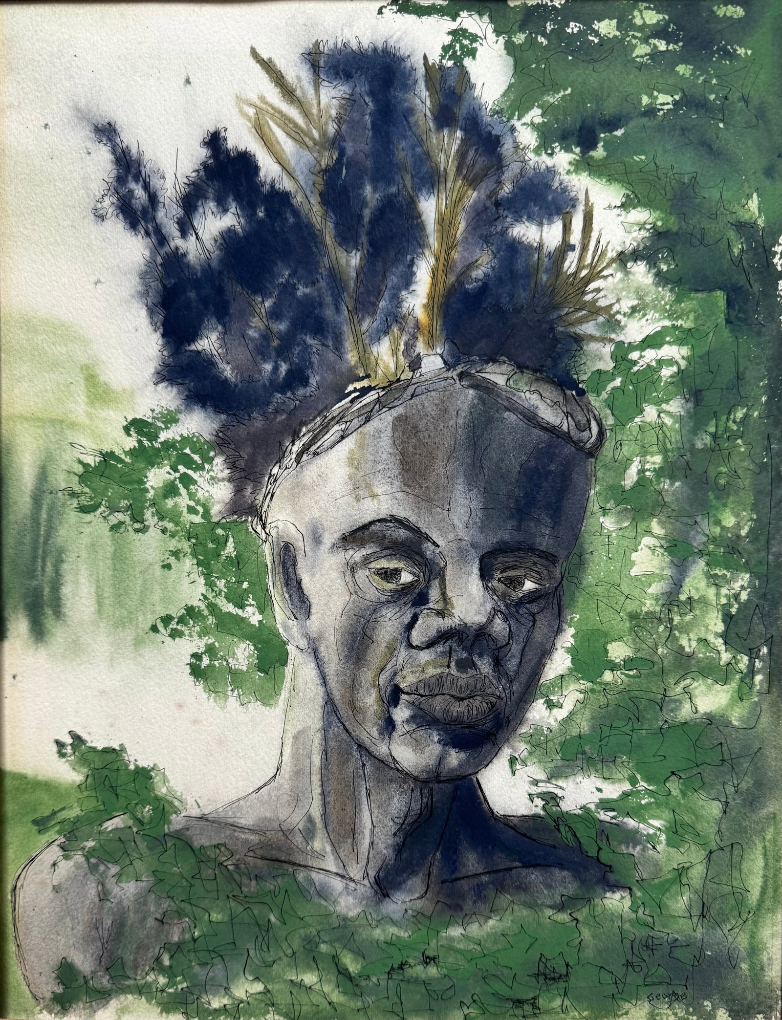 American Post War Figurative Abstract Watercolor Signed: American Post War Figurative Abstract Signed, African American Subject matter, 13 x 10", 22 x 16" Overall