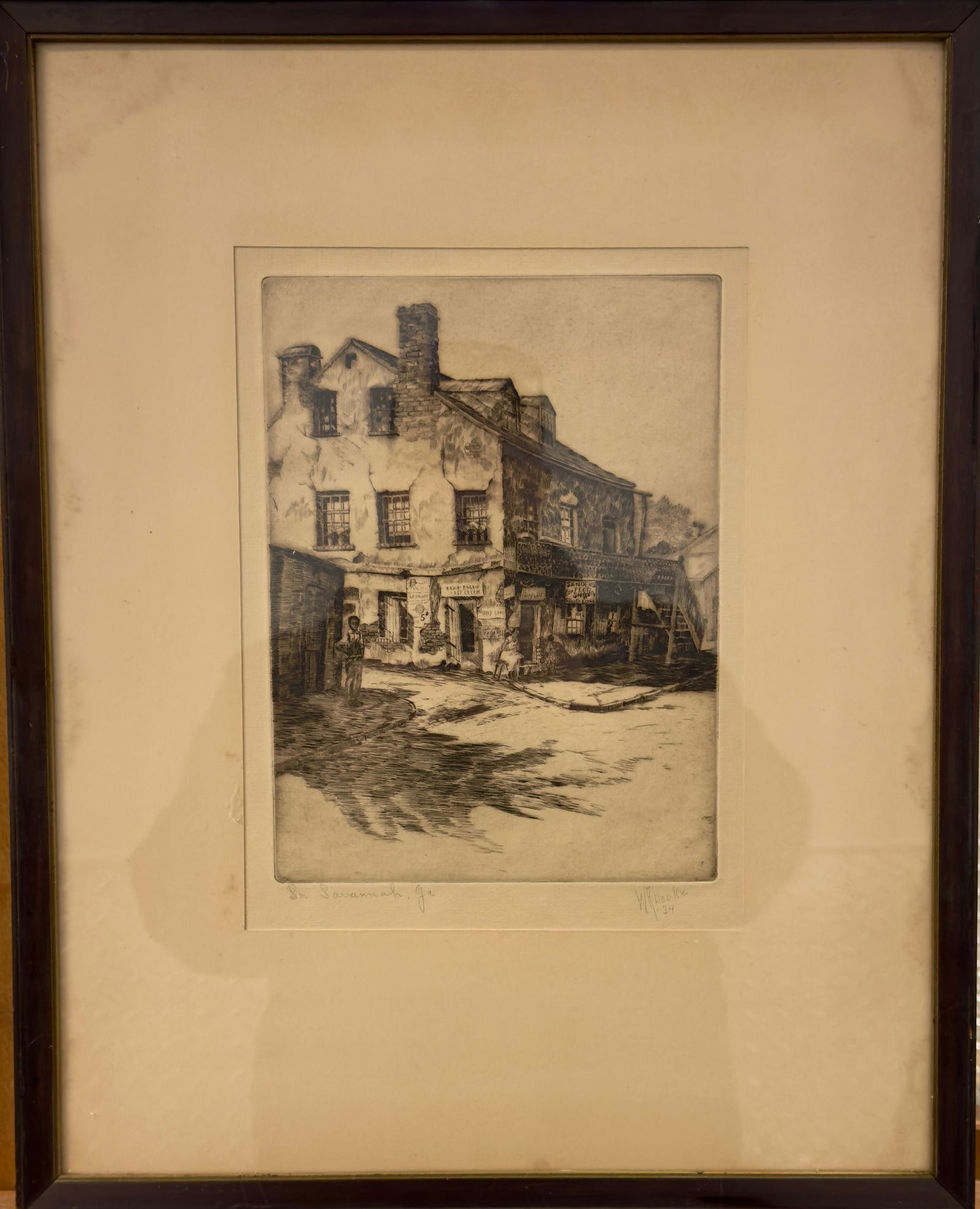Walter Ronald Locke Savannah Georgia Etching Signed: Walter Ronald Locke Florida Artist, Savannah Georgia Etching Signed, SLR, dated 1934, entitled "In Savannah, Ga", 9 x 7", 18 x 15" FramedLocke was an artist with a national reputation for his etchings