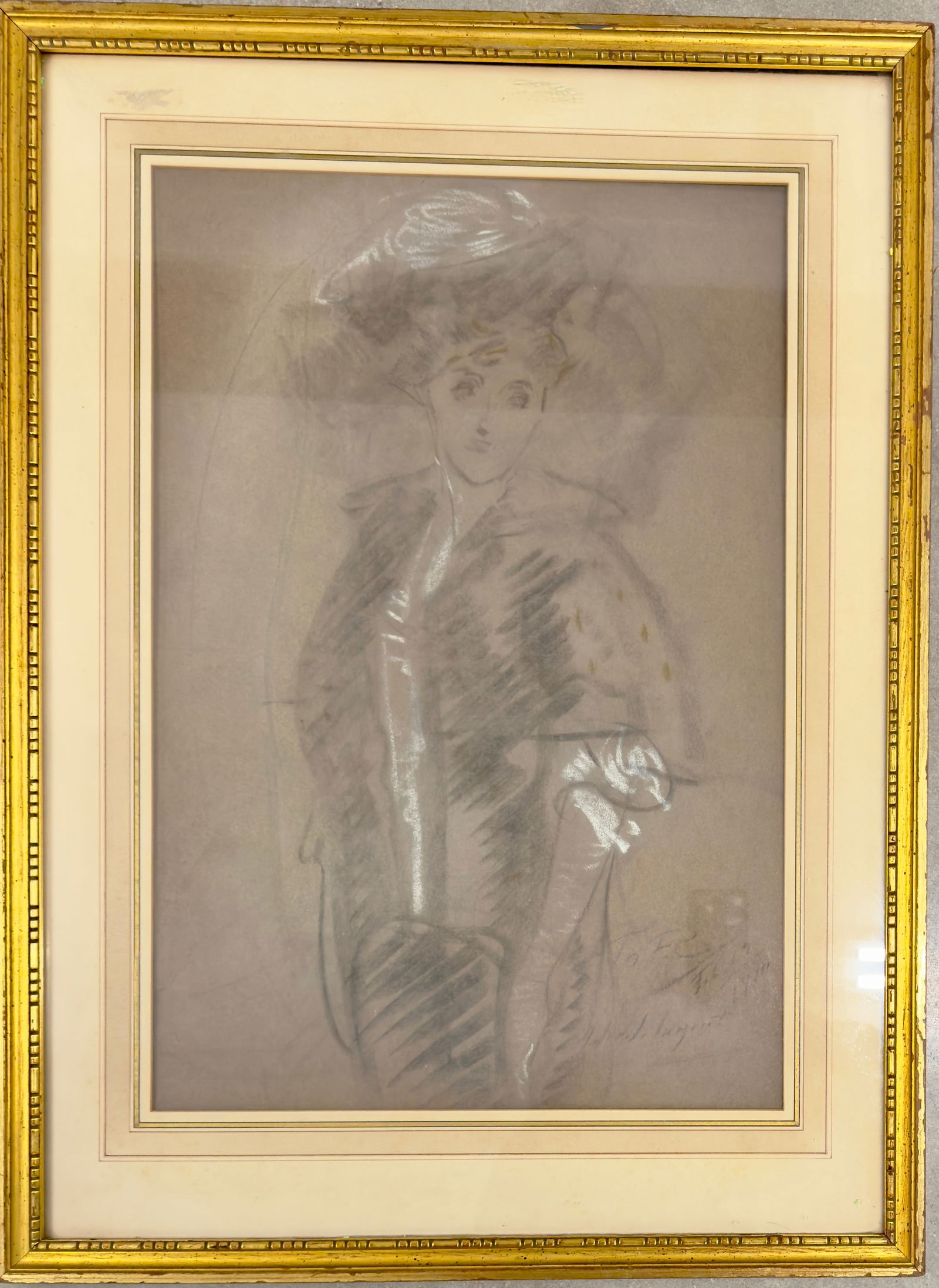 John SInger Sargent American Expatriate artist pastel signed elegant woman: John SInger Sargent pastel signed elegant woman, dated 1910, given to "F.C.", 25 x 19 sheet size", 31 x 23" FramedJohn Singer Sargent (/?s??rd??nt/; January 12, 1856 – April 14, 1925)[1] was an Amer
