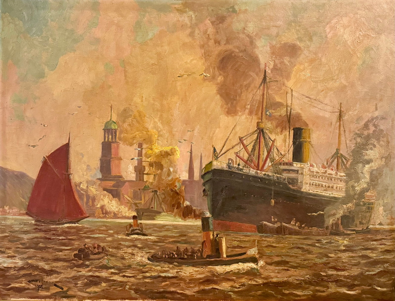 Antique Large German Impressionist Harbor Scene Signed Oil Painting 1925: Antique Large German Impressionist Harbor Scene Signed Oil Painting 1925, SLL, 30 x 40", 37 x 47" Framed The piece is signed lower left Fritz or Frank.