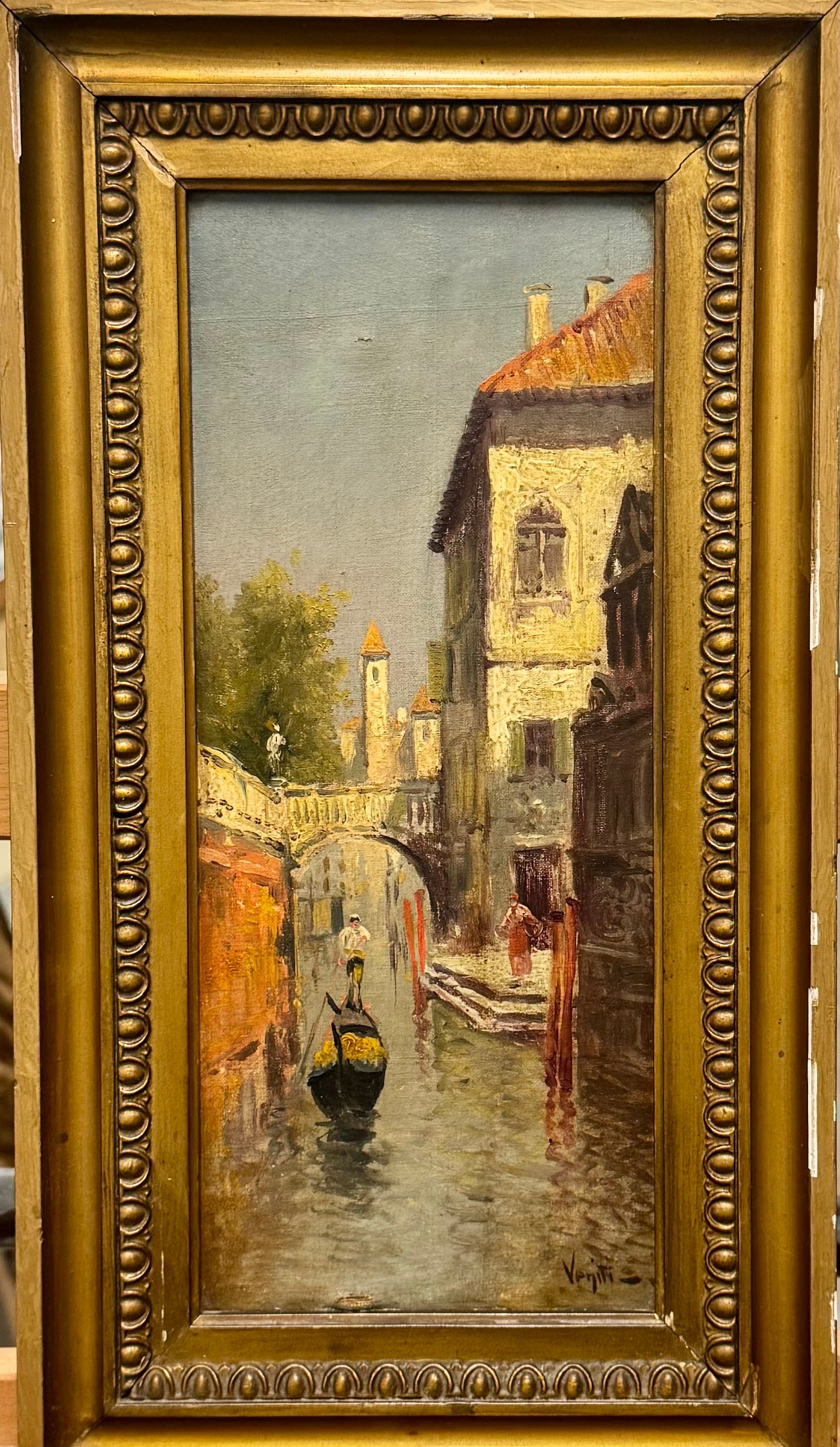 Antique Italian Impressionist Oil Painting Signed: Antique Italian Impressionist Oil Painting Signed Veniti, 14 x 6", 18 x 10" Framed