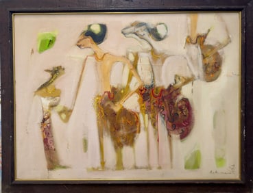 Vintage MCM Abstract Balinese Oil Painting Signed