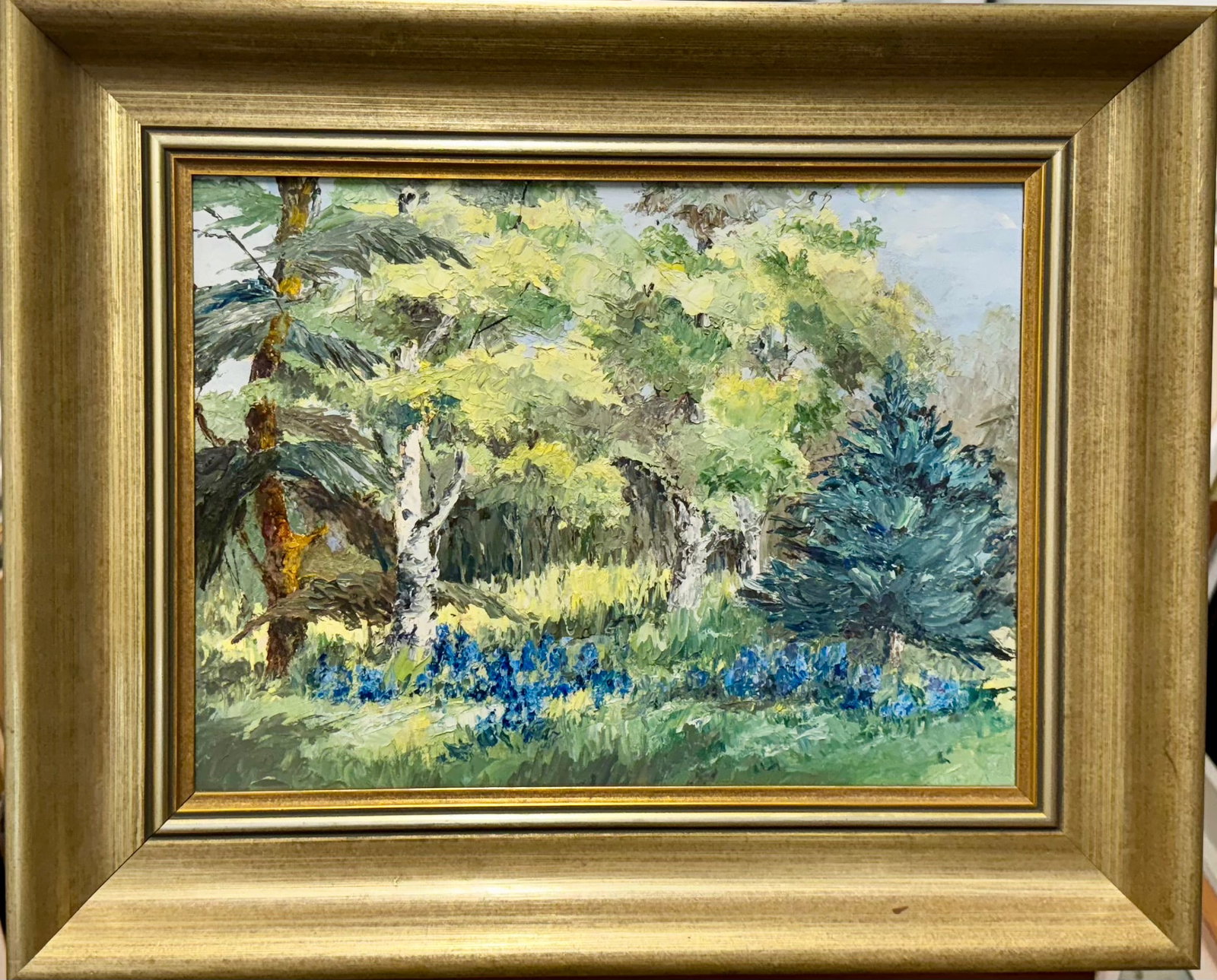Antique American Massachusetts Impressionist Oil Painting Wild Lupin Signed: Antique American Impressionist Oil Painting Wild Lupin Signed, 14 x 16", 18 x 20" Framed