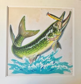 Vintage American Illustration Fish with Lure Oil Painting