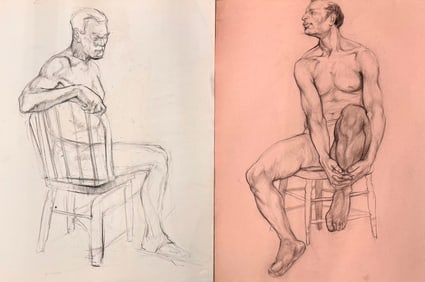 (2) Pair American Impressionist Figurative Sketches Nude Men Seated Signed