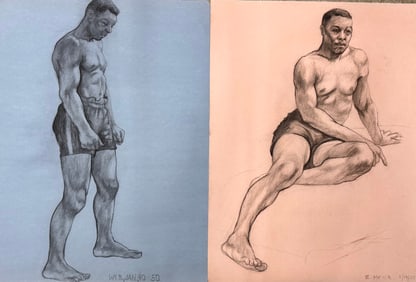 (2) Pair American Impressionist Figurative Sketches African American Male Nudes Signed
