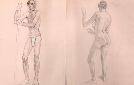 (2) Pair American Impressionist Figurative Sketches Male and Female Nudes Signed