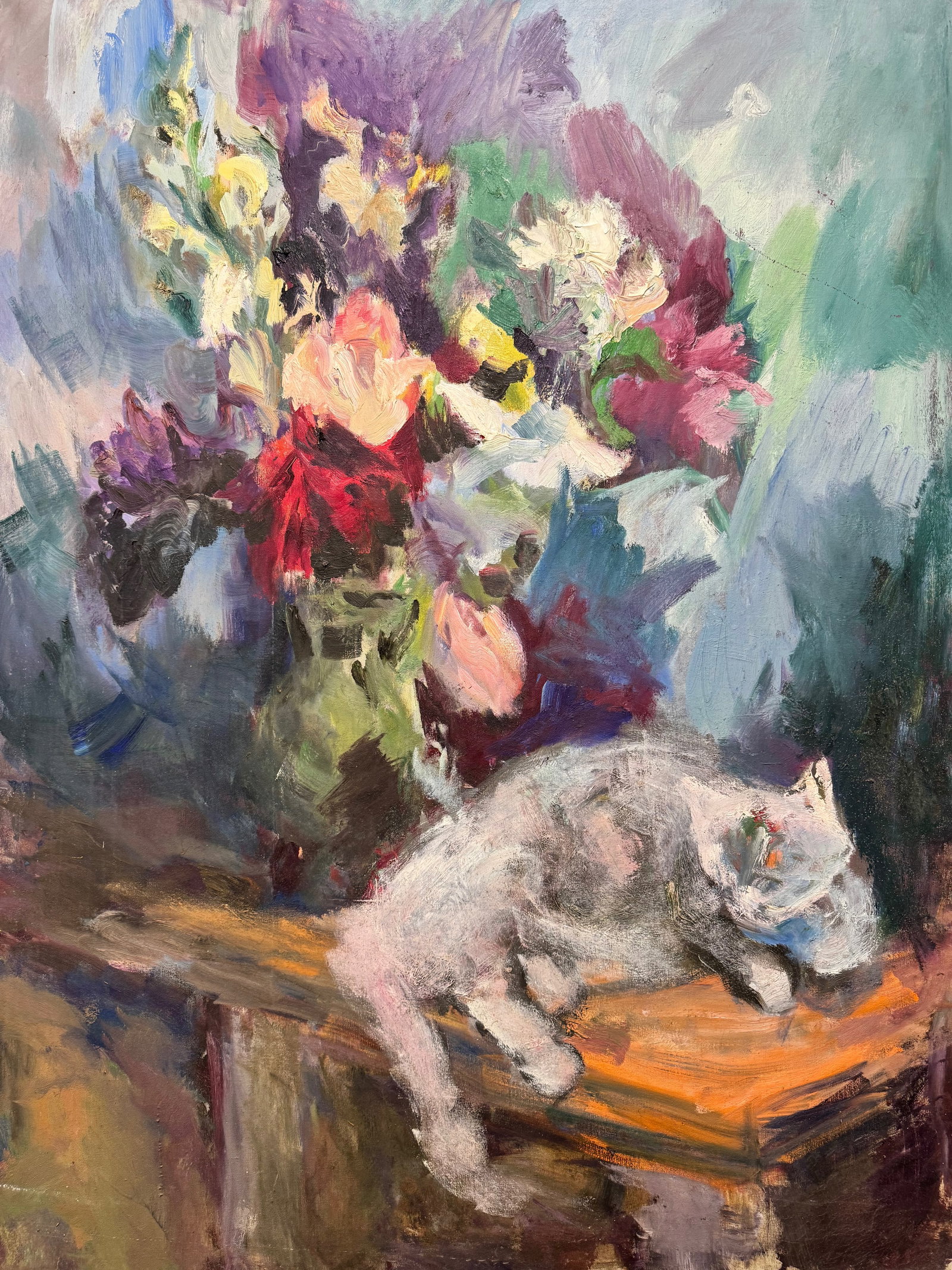 Vintage American Modernist Expressionist oil Painting Still-Life with Cat: Vintage American Modernist Expressionist oil Painting Still-Life with Cat O/C, 48 x 36"
