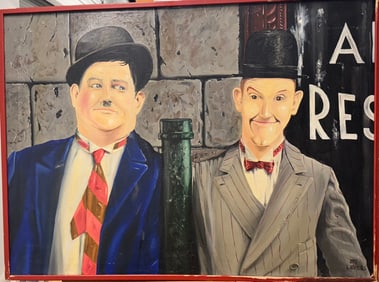 Vintage American Oil Painting Laurel and Hardy Signed Bill Levers