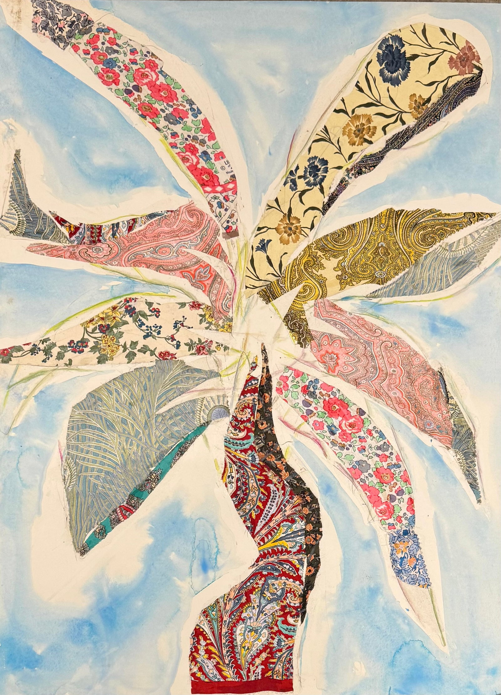 Vintage Mixed Media Modernist Collage #1: Vintage Mixed Media Modernist Collage #1, Liberty of London Fabric and watercolor, 22 x 30"