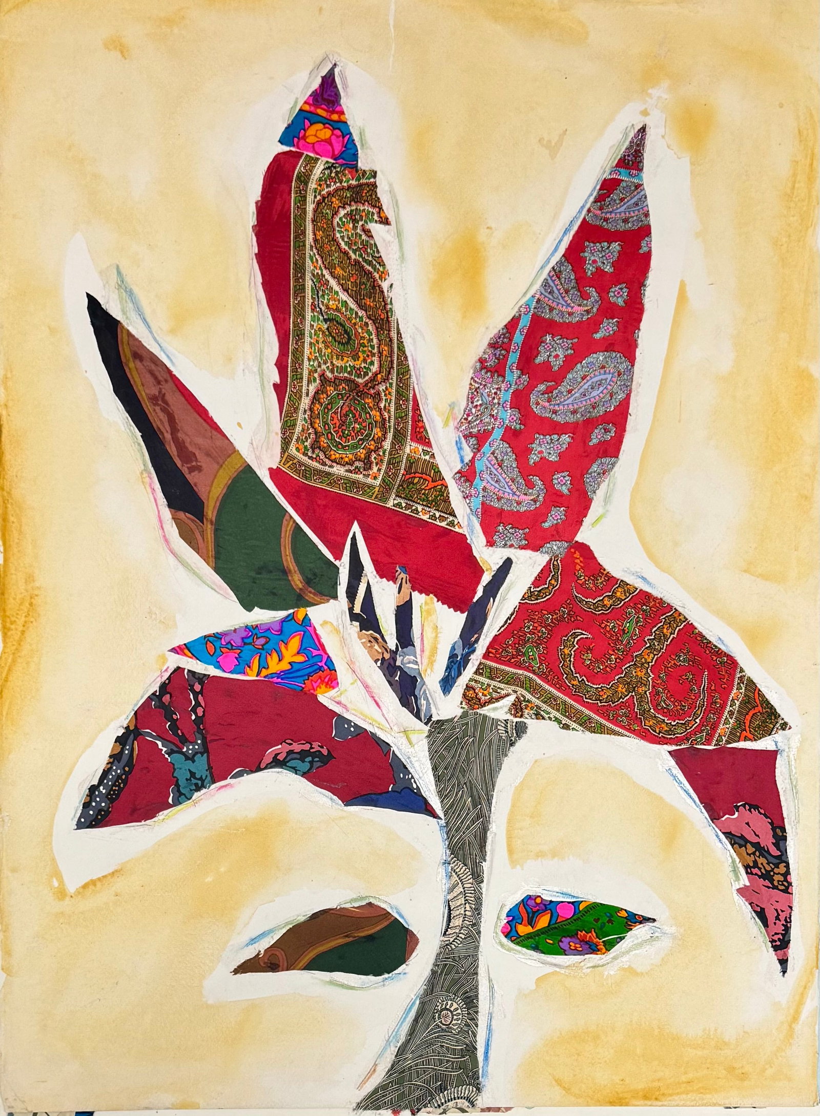 Vintage Mixed Media Modernist Collage #7: Vintage Mixed Media Modernist Collage #7, Liberty of London Fabric and watercolor, 22 x 30"