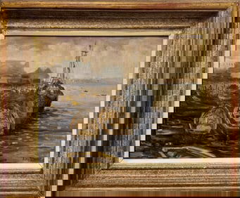 Vintage Japanese Impressionist Oil Painting Harbor Scene Signed