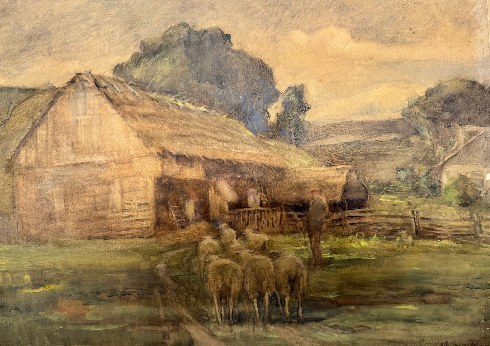 Antique Watercolor Landscape Sheep signed (1 of 2)