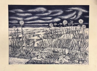 Vintage American MCM Colored Etching Landscape signed