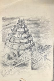 Vintage American MCM Utopian City Scene Signed