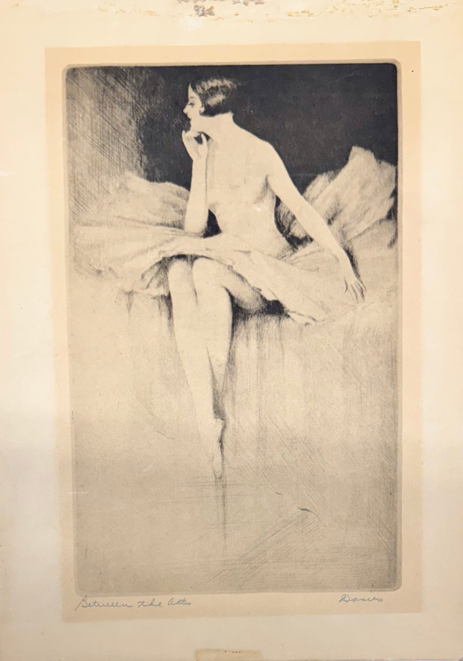 Vintage Etching of a Ballet Dancer Signed Davies: Vintage Etching of a Ballet Dancer Signed Davies, 14 x 10"