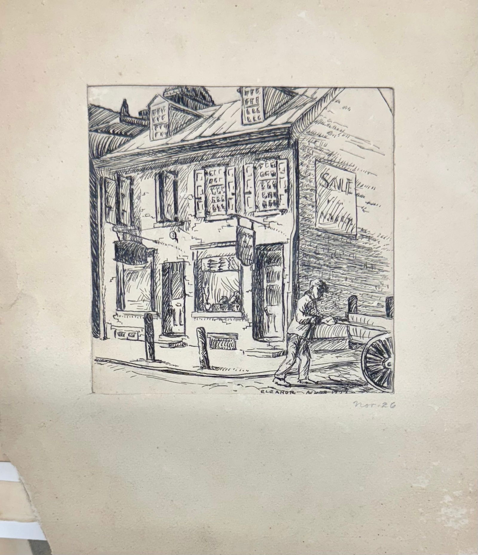 Vintage American Ink Drawing Philadelphia Scene Signed Eleanor Acker (1 of 2)