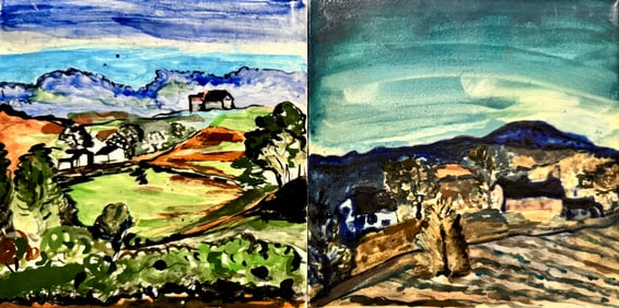 (2) Two Hand Painted MCM Tiles 1952 Signed Anna Rodale Allentown