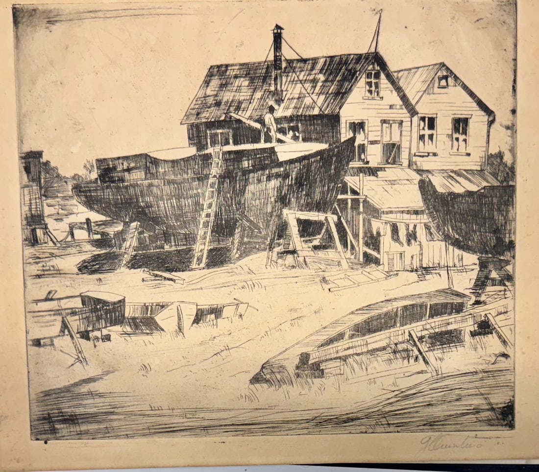 Vintage American Etching Gloucester Massachusetts Signed: Vintage American Etching Gloucester Massachusetts Signed, 10 x 12"