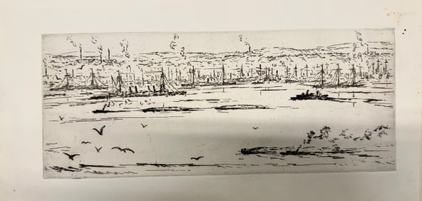 Vintage American Etching Harbor Scene