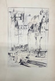 Vintage American Ink Drawing Philadelphia Scene Signed Eleanor Beatrice Acker
