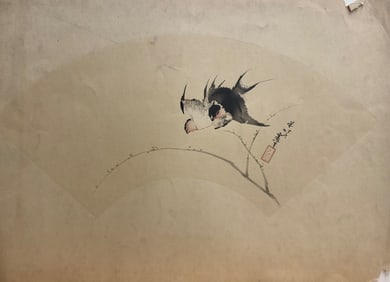(2)Antique Japanese watercolor designs for a fan signed