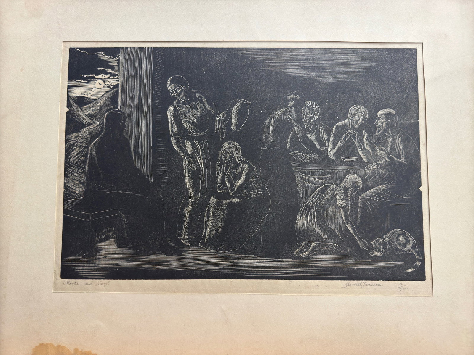 Vintage British Woodcut Muriel Jackson Signed: Vintage British Woodcut Muriel Jackson Pencil SIgned, 4/20, entitled "Martha and Mary", 8 x 13" image