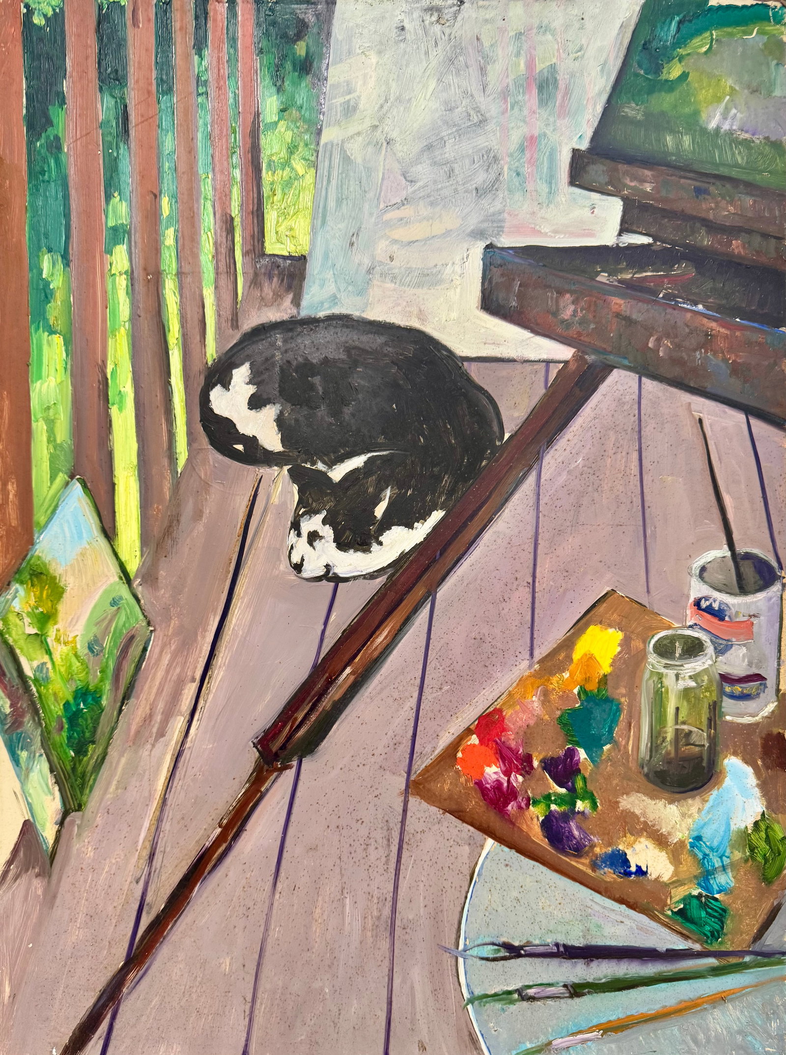 Vintage American Oil Painting Expressionist of a Artist Studio and cat: Vintage American Oil Painting Expressionist of a Artist Studio and cat, 28 x 21"