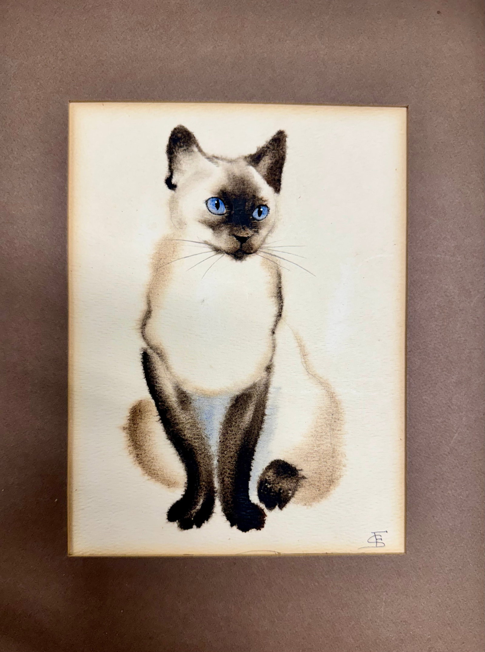 Vintage American Watercolor of a Siamese Cat initialed: Vintage American Watercolor of a Siamese Cat initialed, 8 x 6", 12 x 9" Overall
