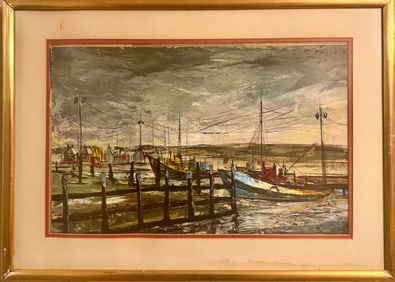 Vintage French School of Paris Original Gouache Harbor Scene Signed