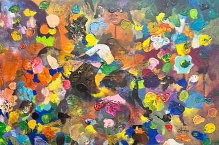 Vintage Mid Century Modern Colorful Abstract Oil Painting Signed
