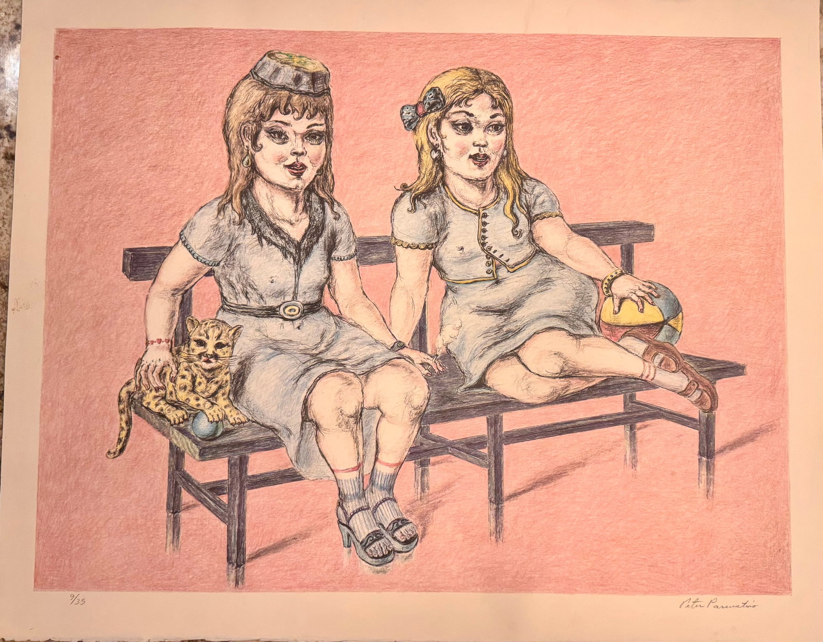 Vintage MCM Figurative Modernist Peter Passuntino Rhino Horn Group #1 Lithograph Signed: Vintage MCM Figurative Modernist Peter Passuntino Rhino Horn Group #1 Lithograph Signed, Pencil Signed LR, 9/35, 22 x 28"