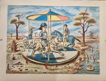 Vintage MCM Figurative Modernist Peter Passuntino Rhino Horn Group #2 Lithograph Signed