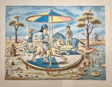 Vintage MCM Figurative Modernist Peter Passuntino Rhino Horn Group #13 Lithograph Signed