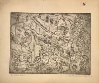 Vintage MCM Figurative Modernist Peter Passuntino Rhino Horn Group #24 Etching Signed