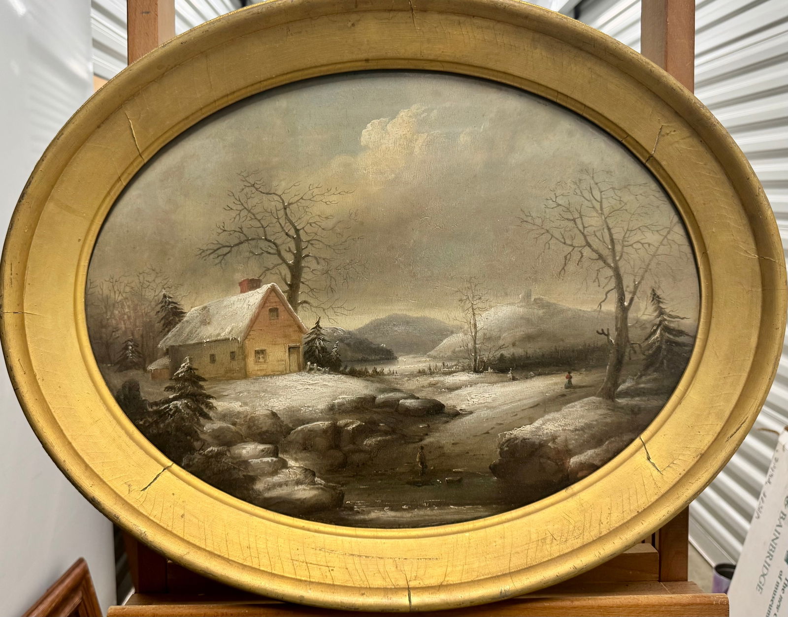 Antique American 19th Century Oil Painting John Rubens Smith Saco Maine: John Rubens Smith, New York/ Pennsylvania. American 19th Century, Saco, Maine Snowscene. Oval oil on wood panel, 15-1/2” by 21”. Signed verso. Master of drawing, topographer, portrait and