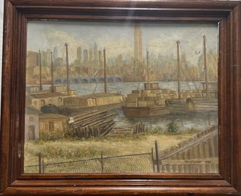 Vintage American WPA Era City Scene Oil Painting Signed